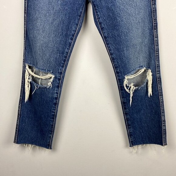 7 For All Mankind • High Waist Button Fly Distressed Blue Jean - Picture 3 of 9